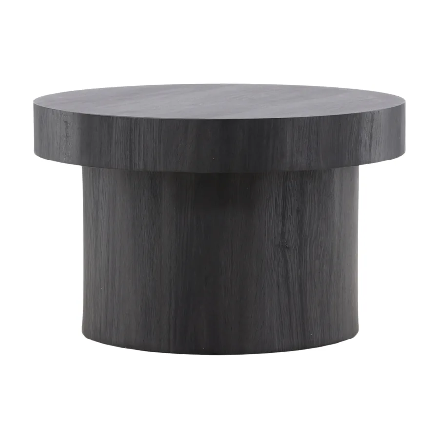 Table basse ronde Malung noire sur large pied cylindrique, vue de face
