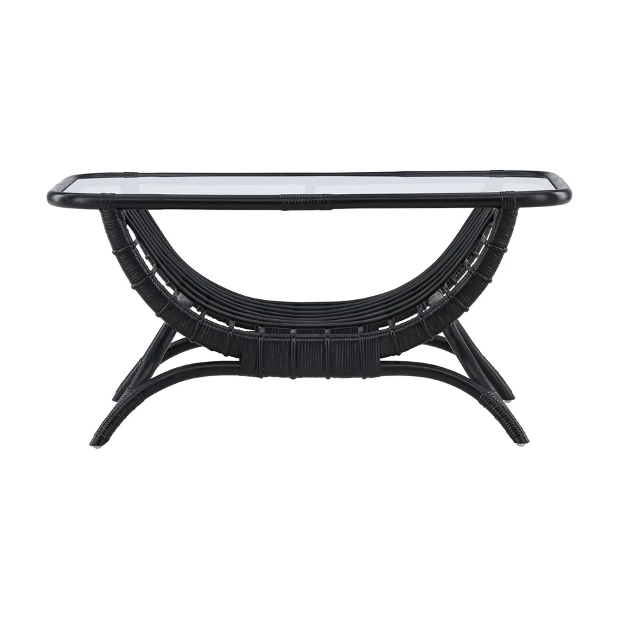 Table basse d'extérieur Moana en rotin noir et plateau en verre transparent, vue de face