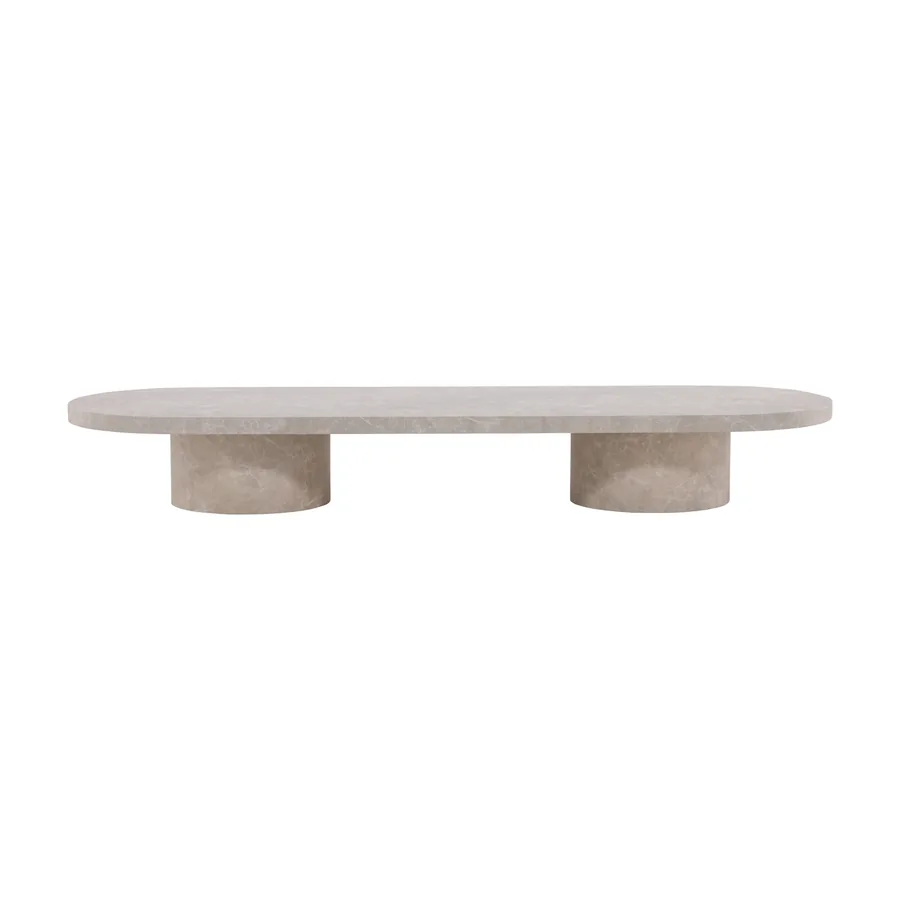 Table basse Narvik beige longue et très basse, plateau aux bouts arrondis sur pieds cylindriques, vue de face