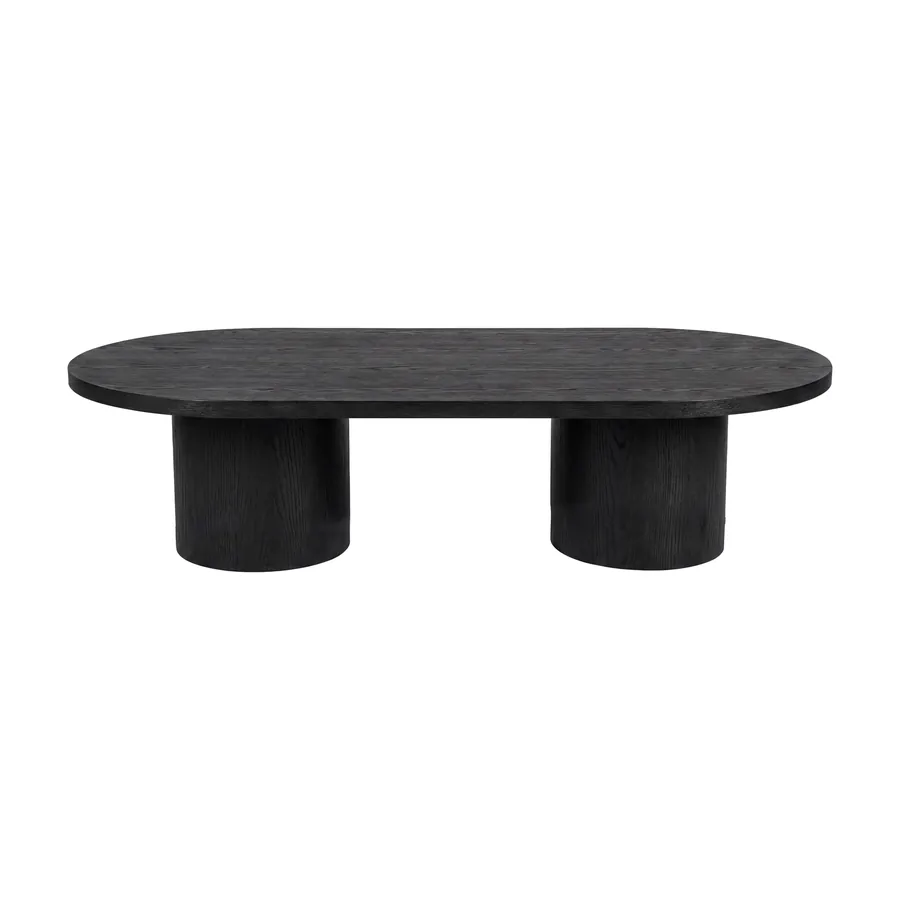 Table basse Narvik noire, plateau ovale allongé sur deux pieds cylindriques, vue de face
