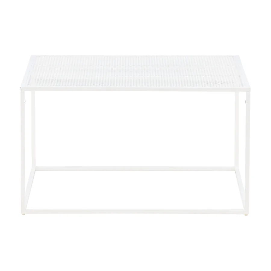 Table basse Netz blanche en métal, plateau en maille sur cadre fin, vue de face