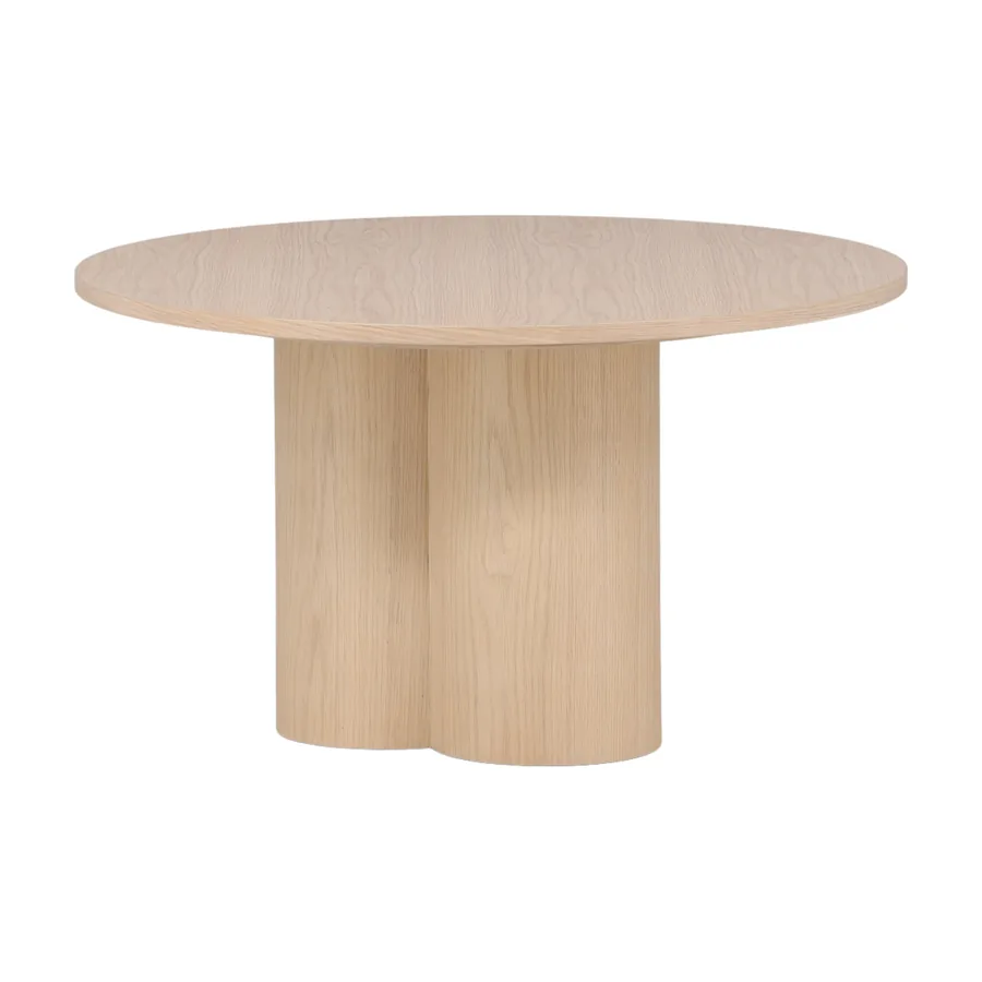 Table basse ronde Olivia plaqué bois blanchi sur pied central lobé, vue de face