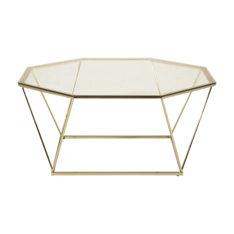 Table basse Österlen, plateau octogonal en verre sur structure géométrique en laiton brillant, vue de face