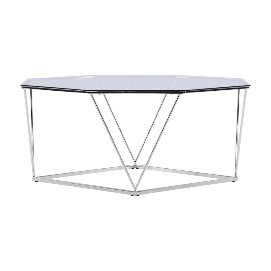 Table basse Österlen, plateau octogonal en verre sur structure géométrique chromée, vue de face