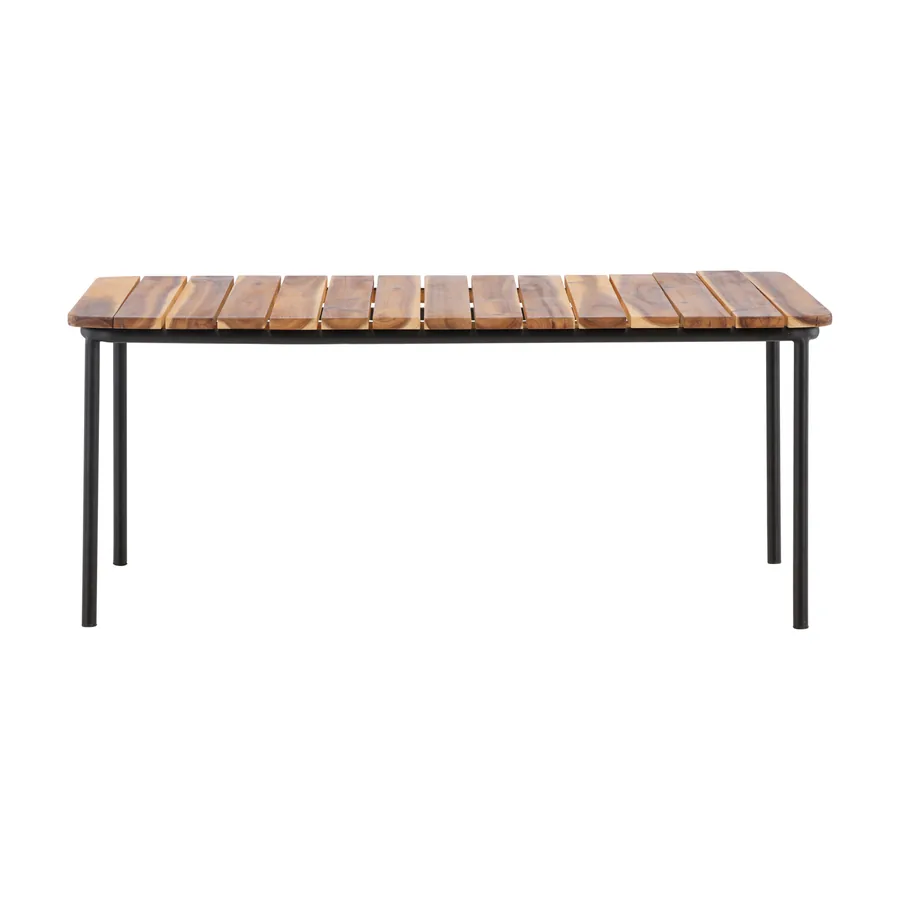 Table basse d'extérieur Penh, plateau à lattes en acacia sur pieds en acier noir, vue de face