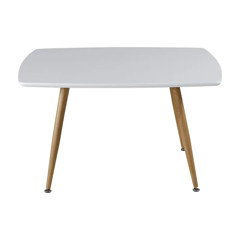Table basse Plaza blanche aux côtés légèrement bombés sur pieds effet bois, vue de face