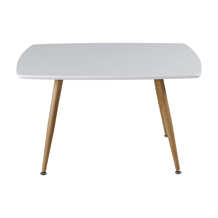 Table basse Plaza blanche aux côtés légèrement bombés sur pieds effet bois, vue de face