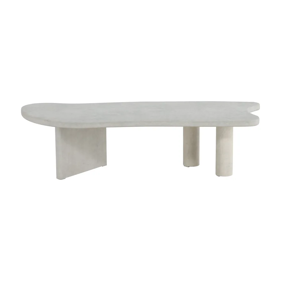 Table basse Polle effet béton gris clair, plateau en galet sur pieds panneau et cylindres, vue de face