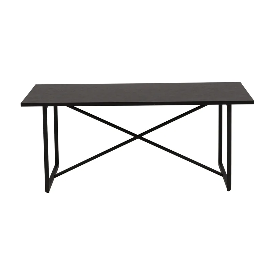 Table basse Pryor noire, plateau sur cadre en métal à croisillons, vue de face