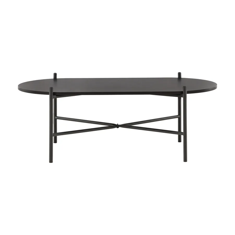 Table basse Pueblo noire, plateau ovale sur pieds en métal à croisillon, vue de face