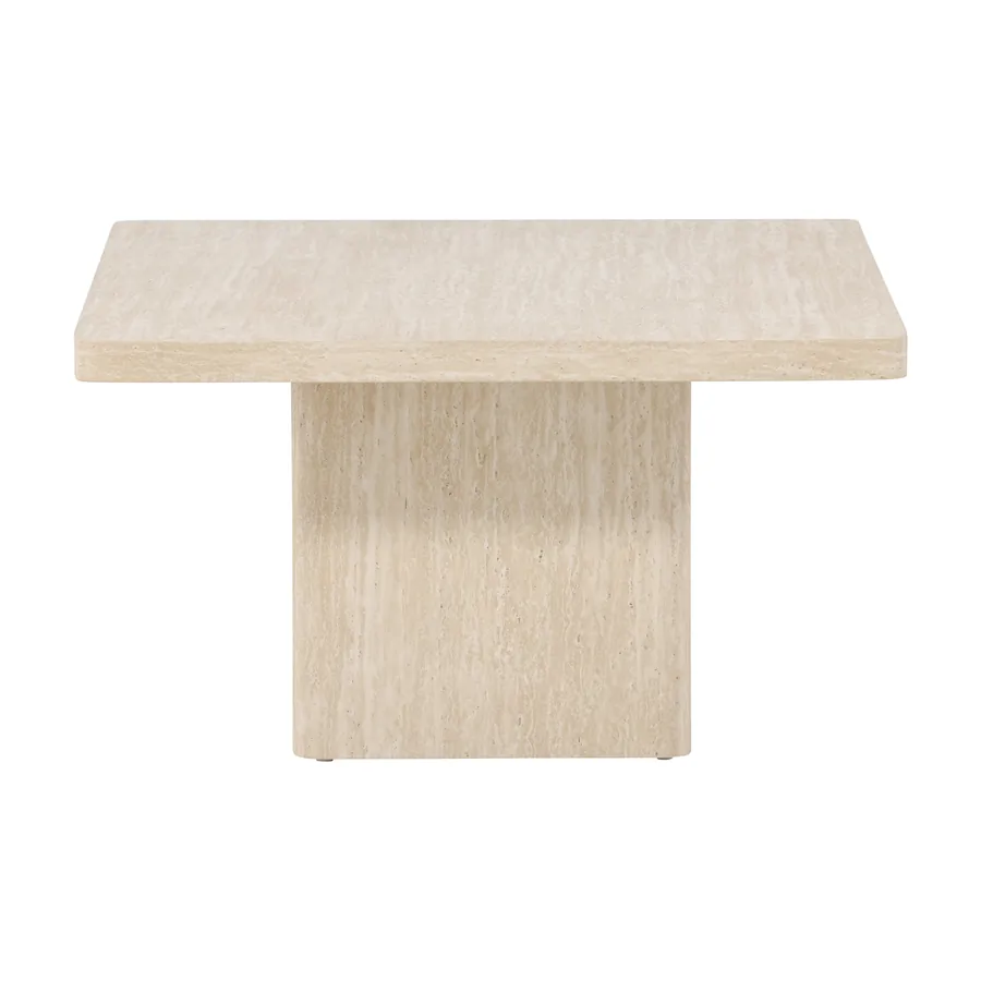 Table basse carrée Qvart effet travertin beige sur pied central carré, vue de face