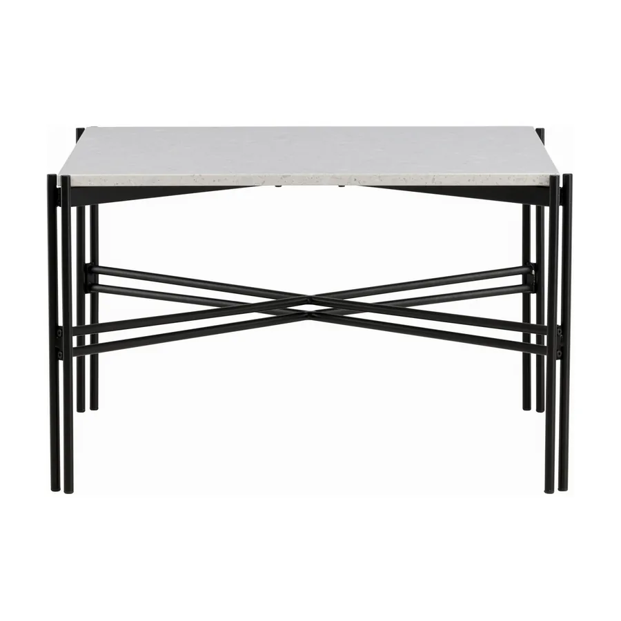 Table basse carrée Razzia en terrazzo blanc sur pieds noirs à croisillon, vue de face