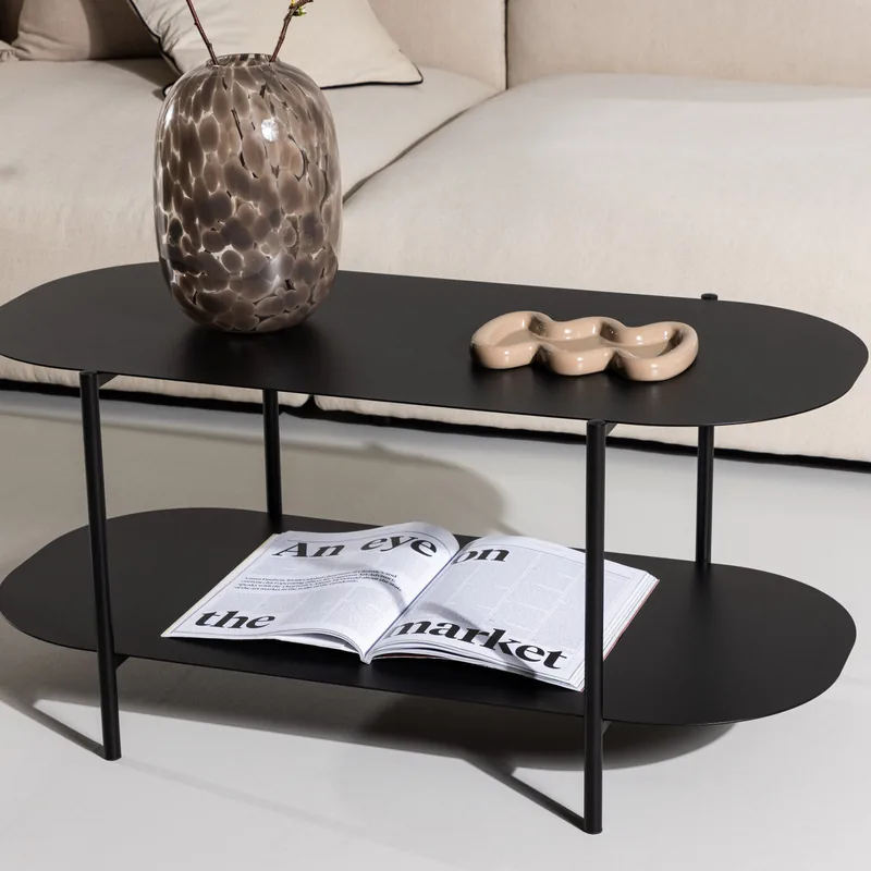 Table basse Recife en métal noir à deux plateaux ovales, vue de face