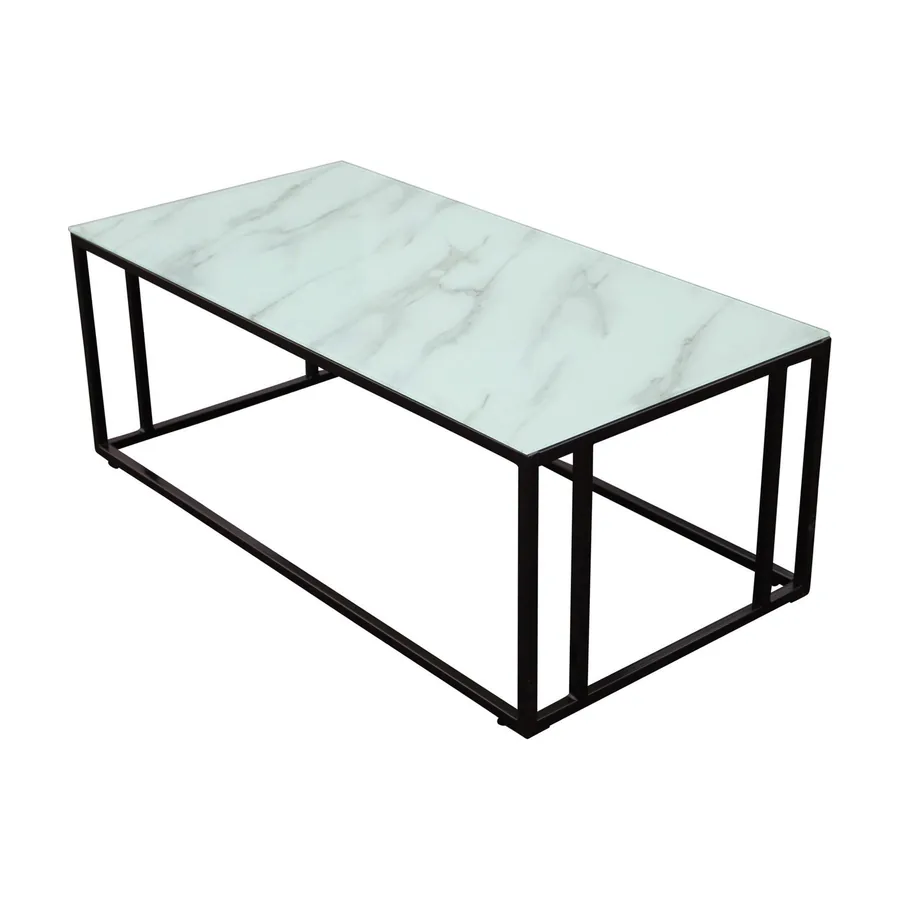 Table basse Rock, plateau en verre effet marbre blanc sur cadre en métal noir, vue en plongée