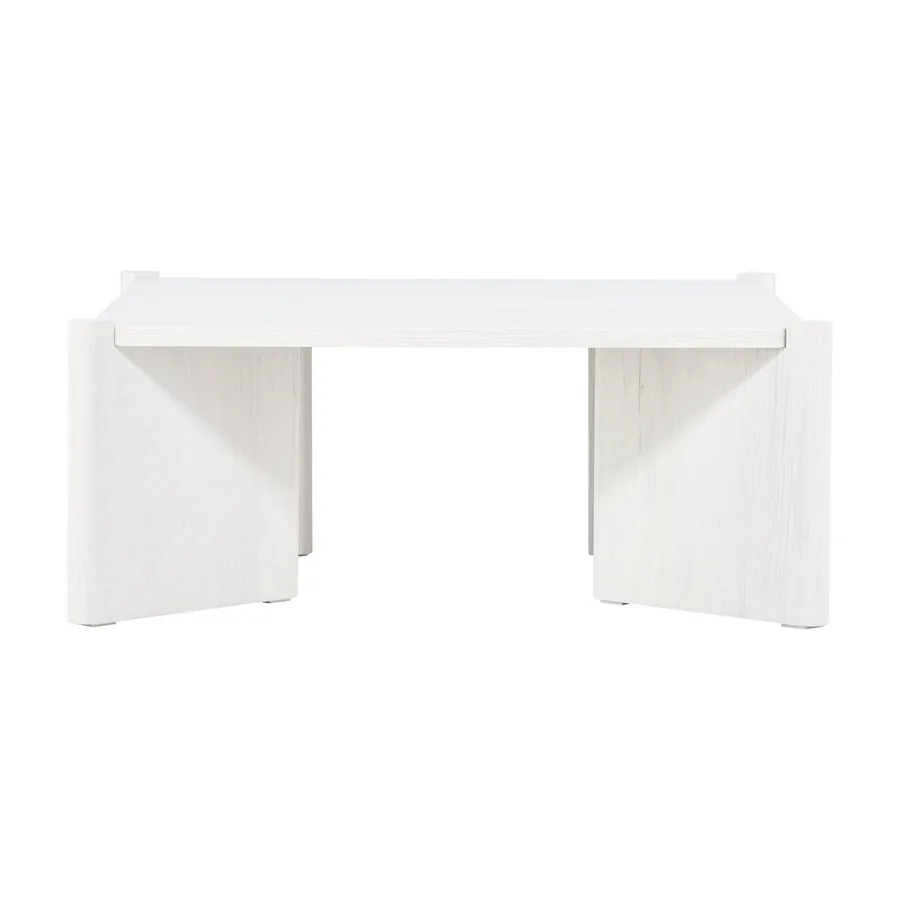 Table basse carrée Rogaland bois blanchi sur pieds en panneaux, vue de face