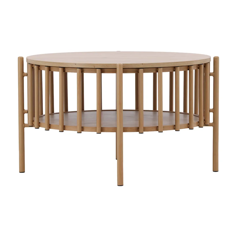 Table basse ronde Rubbo effet bois naturel, plateau entouré de barreaux avec étagère basse, vue de face