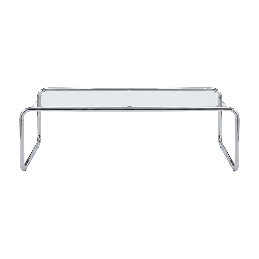 Table basse Saturnus, plateau en verre sur structure en tube chromé courbé, vue de face