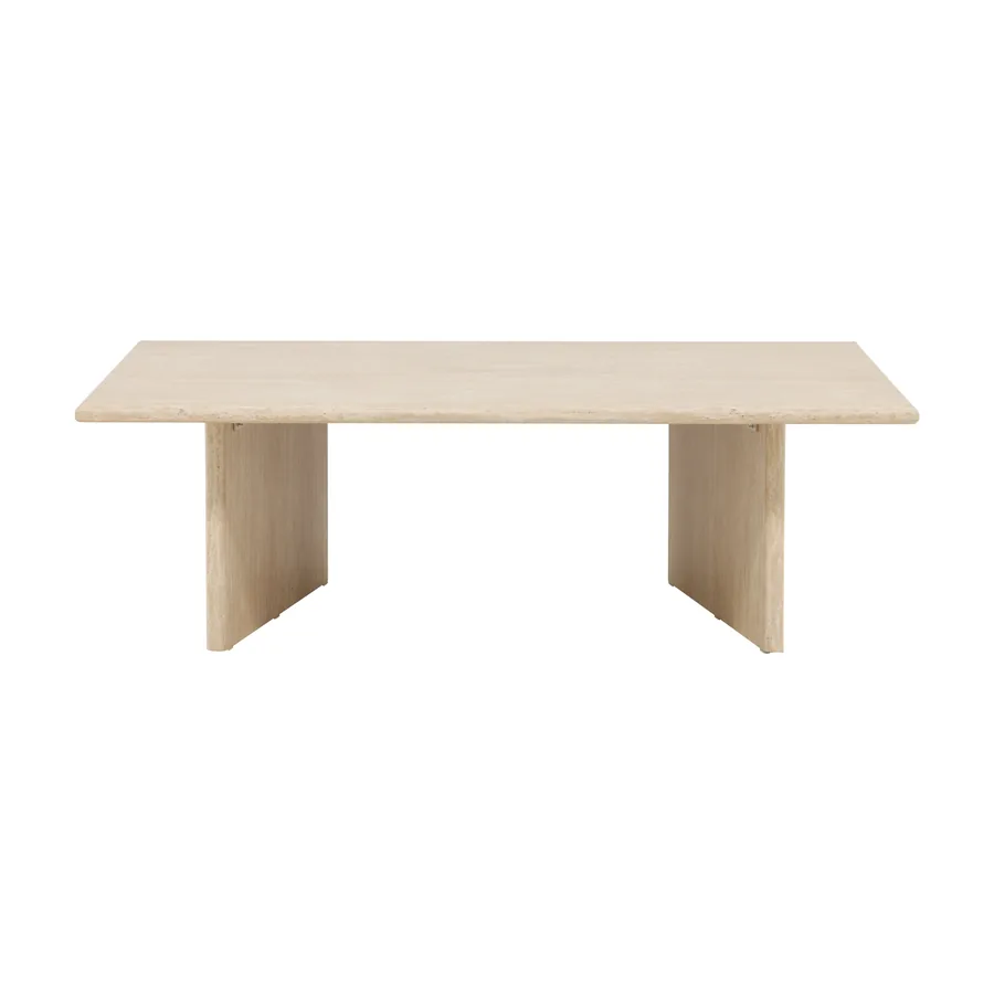 Table basse Skagen effet travertin beige sur pieds en panneaux, vue de face