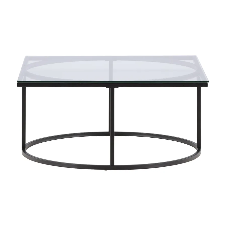 Table basse carrée Skanör, plateau en verre sur piètement noir à anneau, vue de face