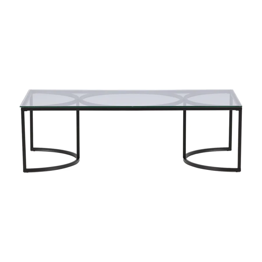 Table basse Skanör, plateau rectangulaire en verre sur pieds en arceaux de métal noir, vue de face