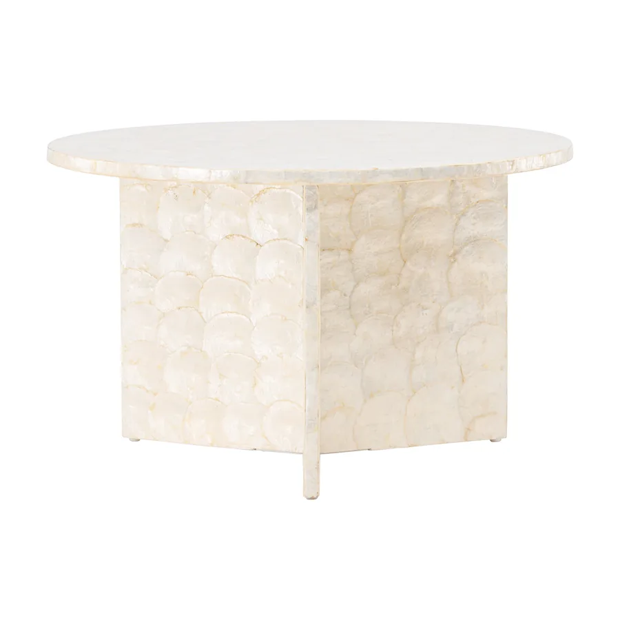 Table basse ronde Smögen en nacre de capiz sur pied en panneaux croisés, vue de face
