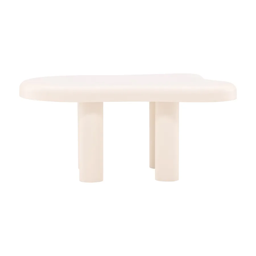 Table basse Strömstad blanche, plateau en forme de nuage sur pieds cylindriques, vue de face