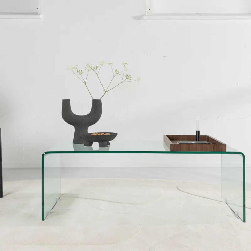 Table basse Telemark en verre transparent courbé d'une seule pièce, vue de face