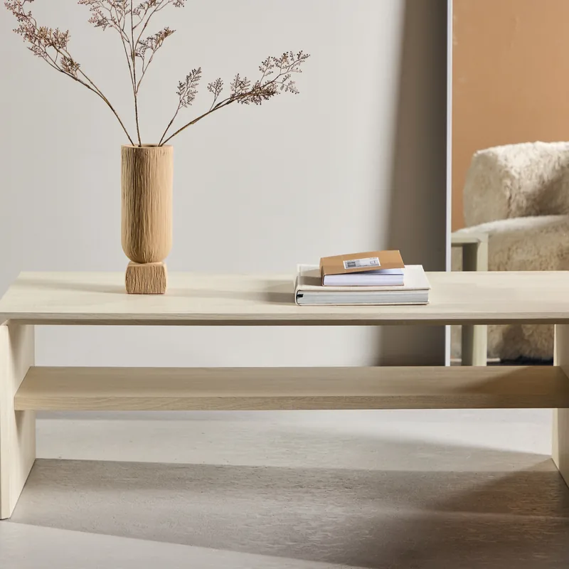 Table basse Telemarket bois blanchi à étagère basse, vue de face