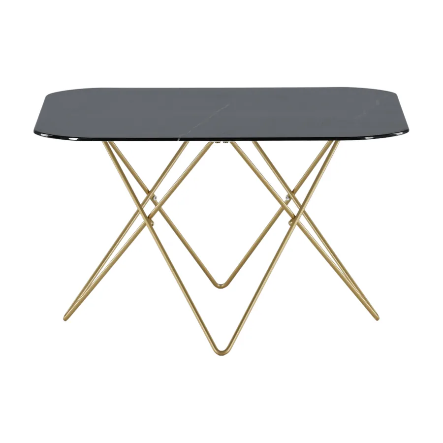 Table basse carrée Tristar, plateau en verre noir sur piètement en fils de laiton brossé croisés, vue de face