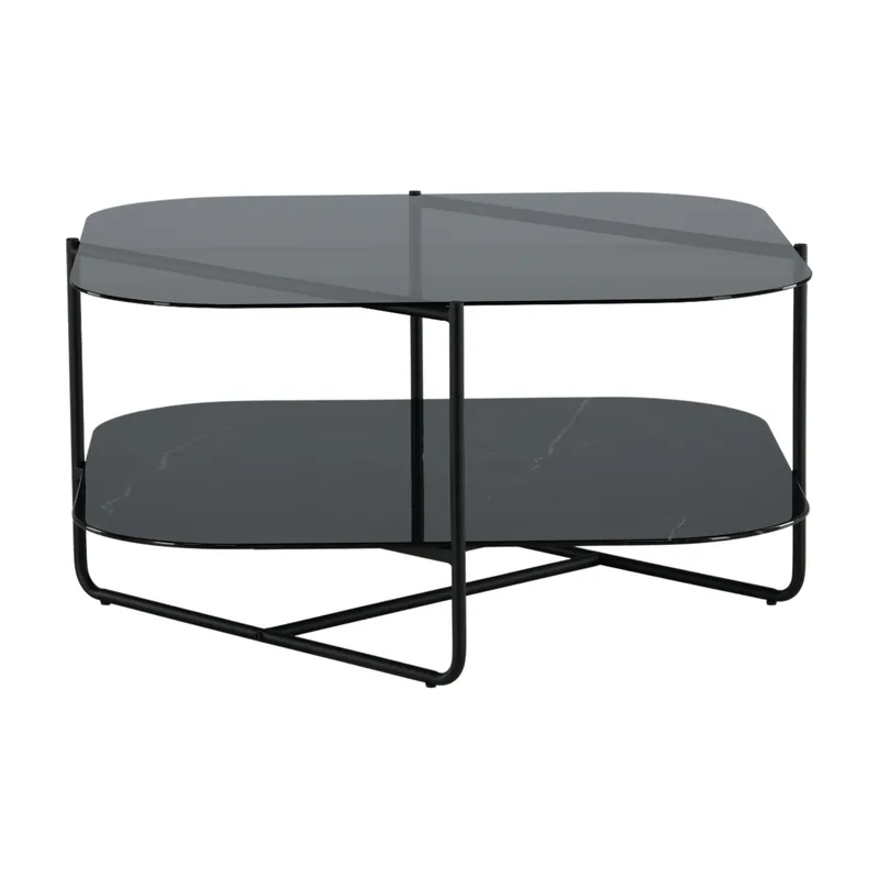 Table basse carrée Un-Line à deux plateaux en verre fumé et verre noir effet marbre, cadre noir, vue de face