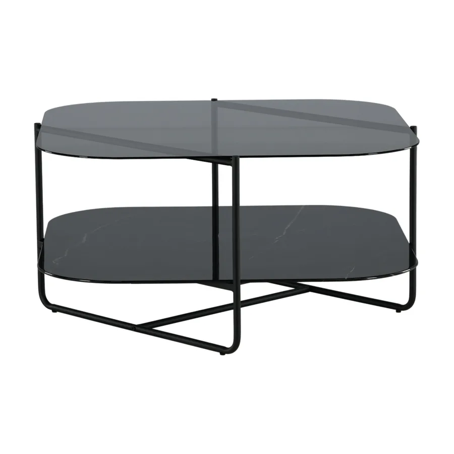 Table basse carrée Un-Line à deux plateaux en verre fumé et verre noir effet marbre, cadre noir, vue de face