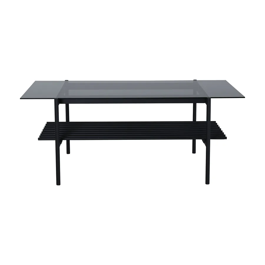 Table basse Von, plateau en verre fumé noir et étagère à lattes en métal noir, vue de face