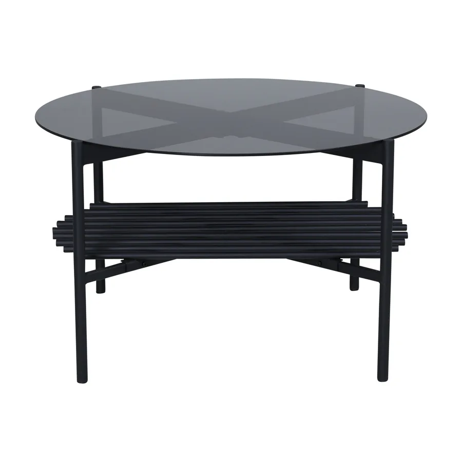 Table basse ronde Von, plateau en verre fumé noir et étagère à lattes en métal noir, vue de face