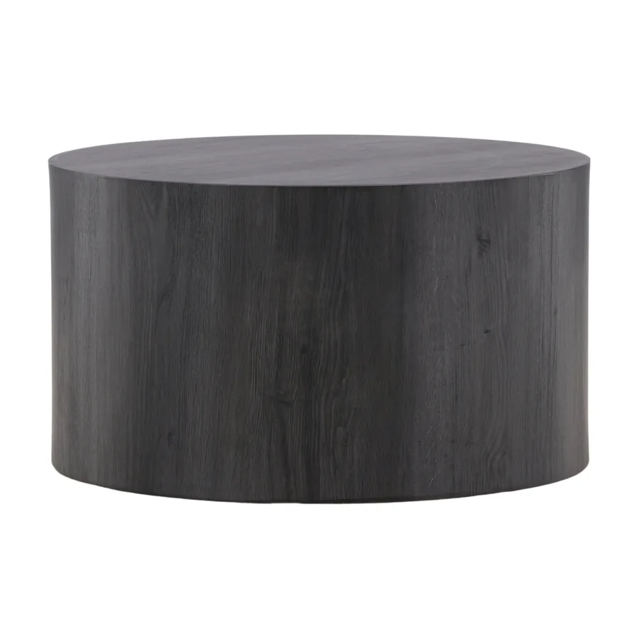 Table basse ronde York noire en cylindre plein effet bois, vue de face