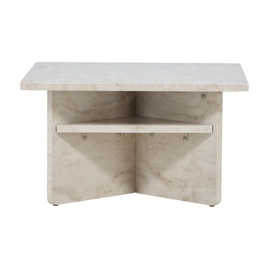 Table d'appoint carrée Ålesund effet marbre beige sur pieds en panneaux croisés avec étagère, vue de face