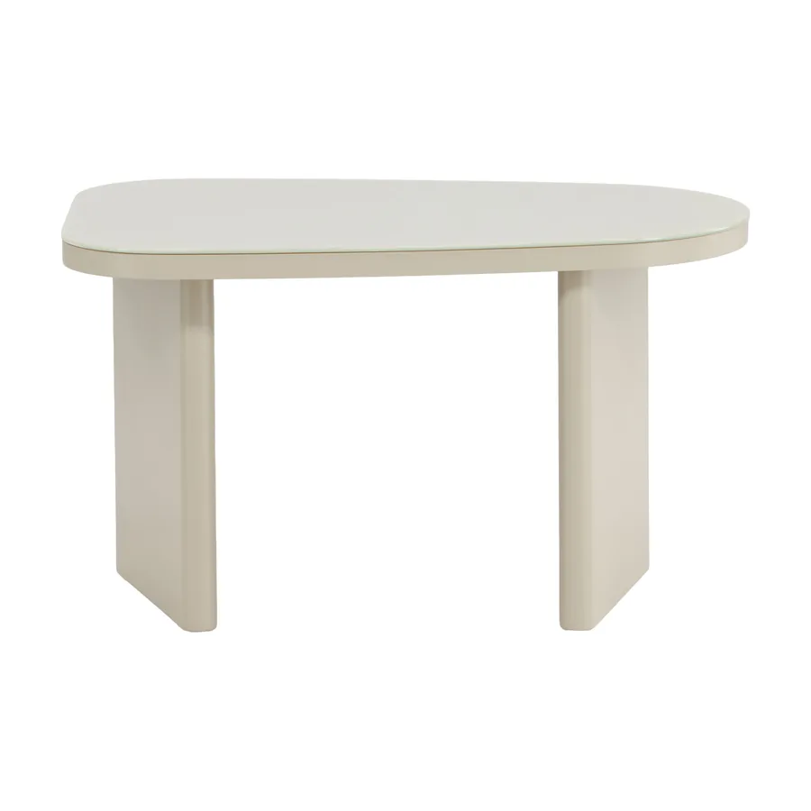 Table d'appoint Grönvik beige, plateau en verre aux bords galbés sur pieds en panneaux, vue de face