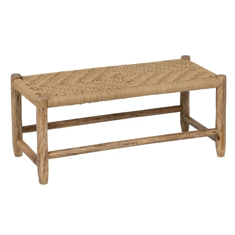 Banc en bois de manguier Ixia et assise en corde tressée vu de trois quarts, sans dossier