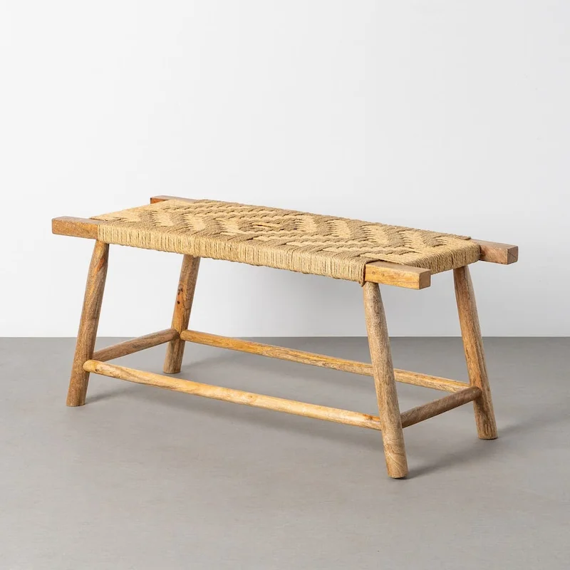 Banc en bois de manguier à pieds fuselés, assise tressée 92 cm