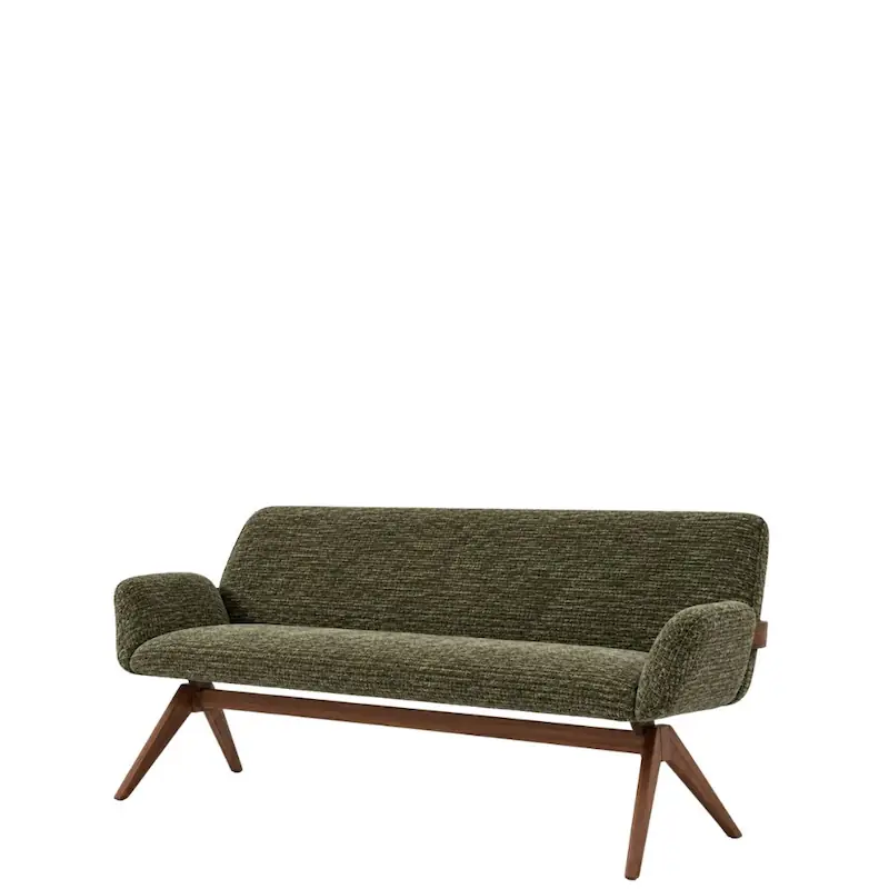 Banc Marceau en tissu vert sapin, dossier, accoudoirs et pieds en compas