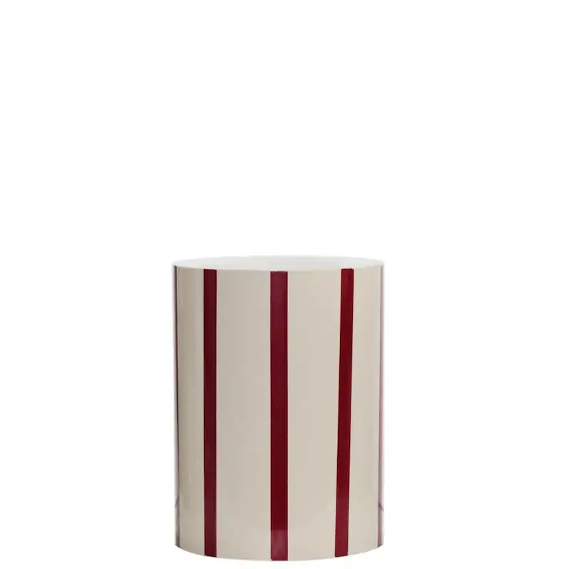 Bout de canapé Candy en fer émaillé, cylindre beige à rayures verticales rouges