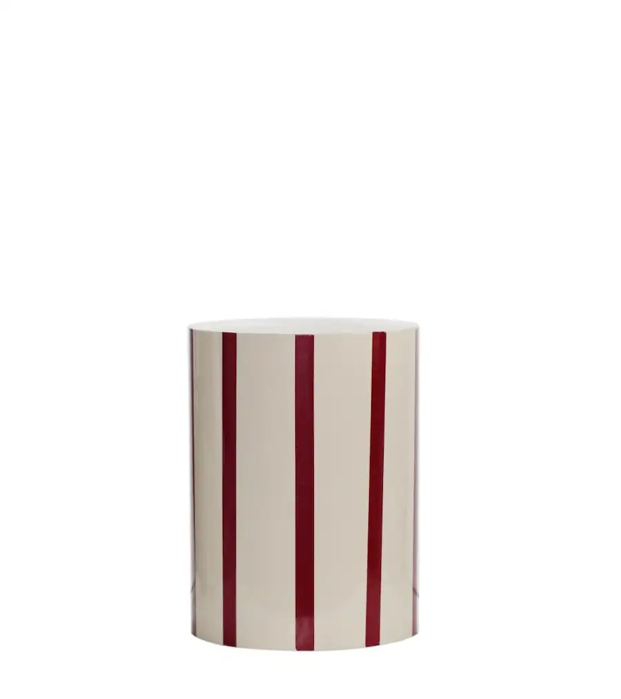 Bout de canapé Candy en fer émaillé, cylindre beige à rayures verticales rouges
