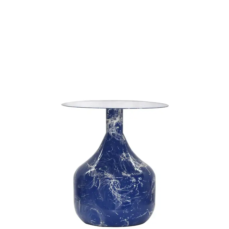 Bout de canapé Sélène en fer bleu veiné de blanc, pied en forme de bouteille et plateau rond fin
