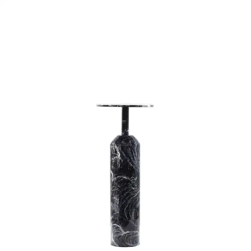 Guéridon Bowie en fer émaillé noir veiné de blanc, petit plateau rond sur colonne étroite