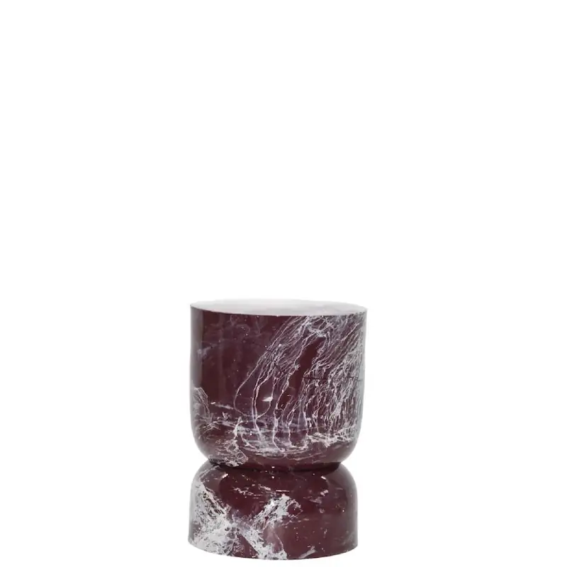 Bout de canapé Violette en fer émaillé bordeaux veiné de blanc, en forme de sablier