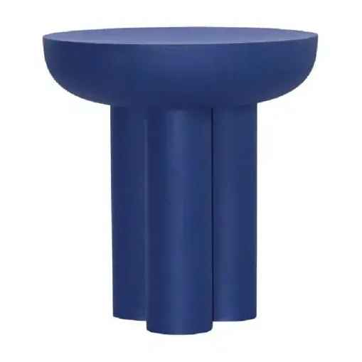 Bout de canapé Cobalt en fer émaillé bleu mat, coupe ronde sur pieds cylindriques