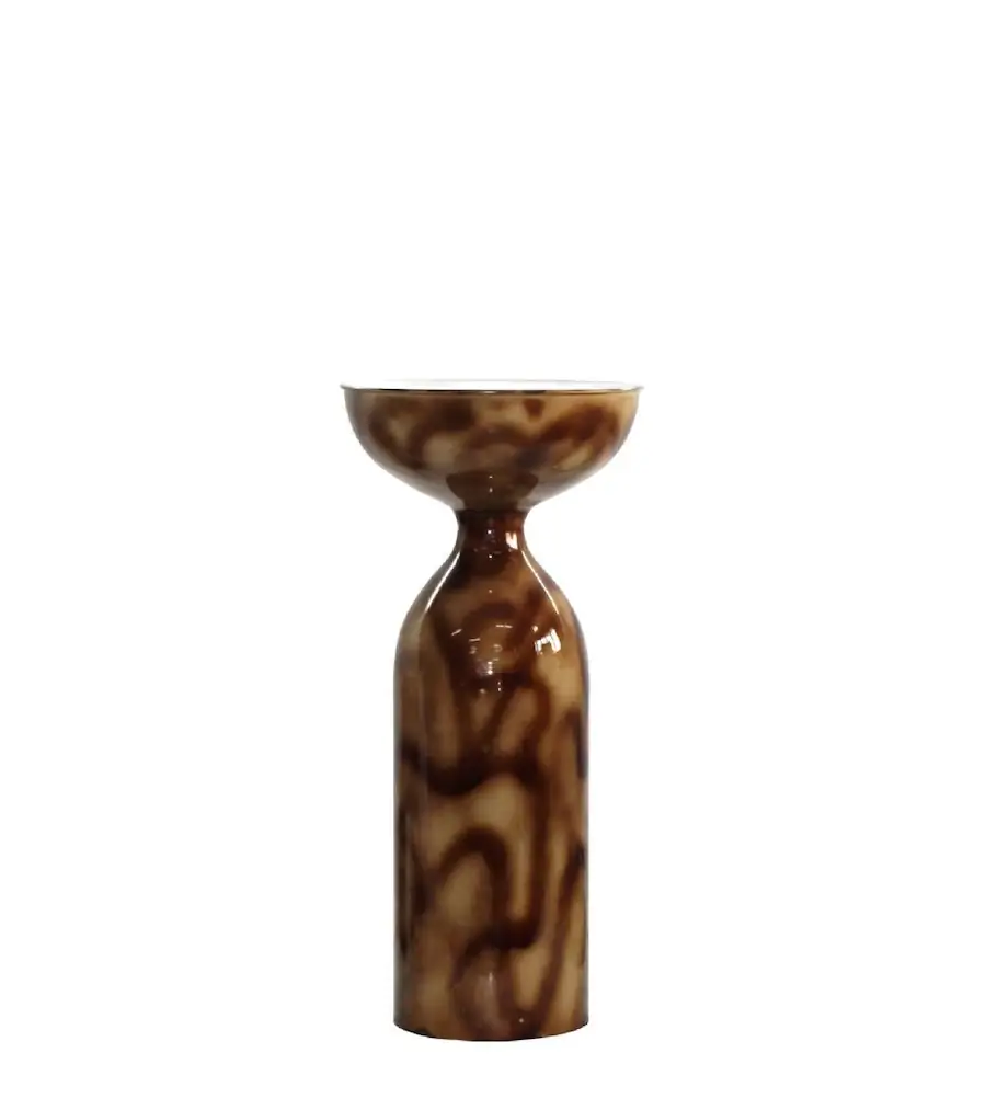 Bout de canapé haut Félix en fer émaillé effet écaille brun et ocre, coupe ronde sur colonne