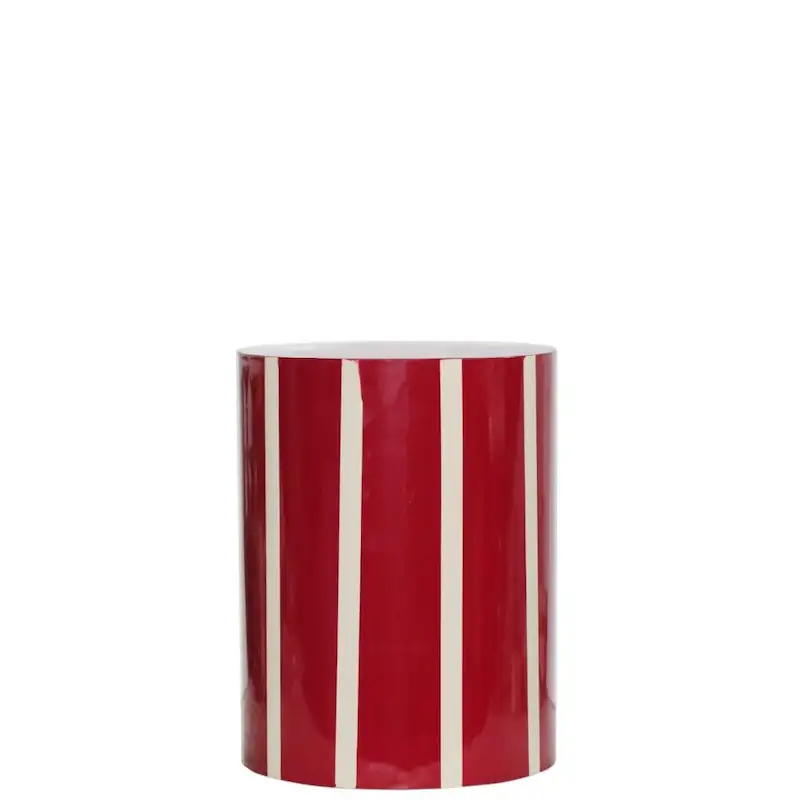 Bout de canapé Candy en fer émaillé, cylindre rouge à rayures verticales beiges