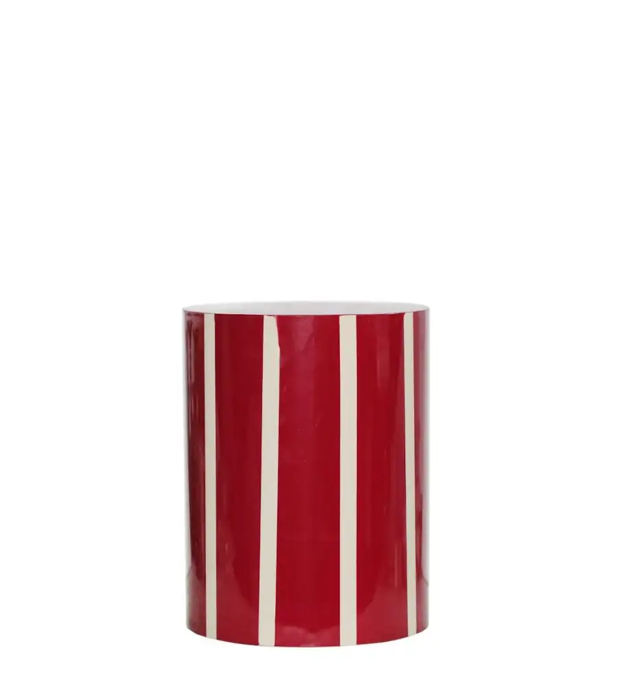 Bout de canapé Candy en fer émaillé, cylindre rouge à rayures verticales beiges