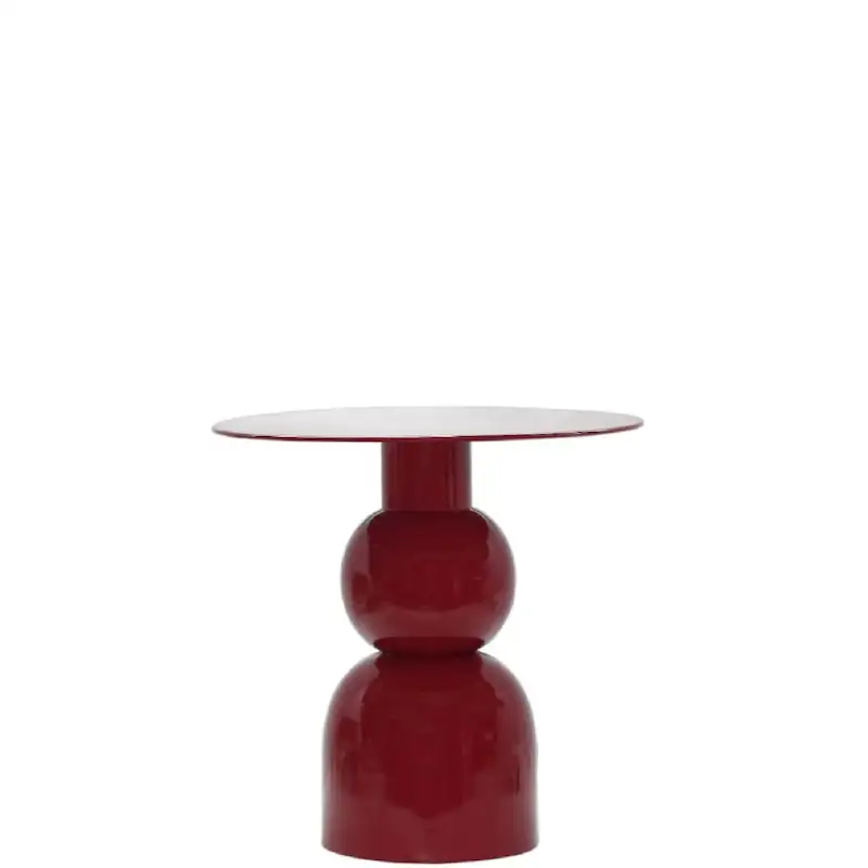 Guéridon Suzannah en fer émaillé rouge framboise, plateau rond fin sur pied boule et cloche