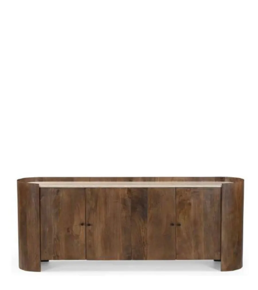 Buffet Bertille en manguier, quatre portes et plateau en marbre clair, vu de face